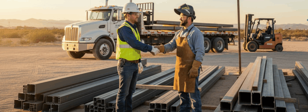 Two construction professionals shake hands at a desert job site, symbolizing trust and reliability—Endura Steel as your partner on the project.