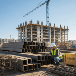 Southwest construction site with steel beams and rebar representing the Endura Steel difference