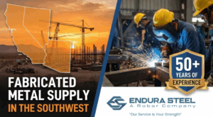 Fabricated metal supply in the Southwest showing welding sparks and construction cranes with 50+ years experience badge for Southwest contractors